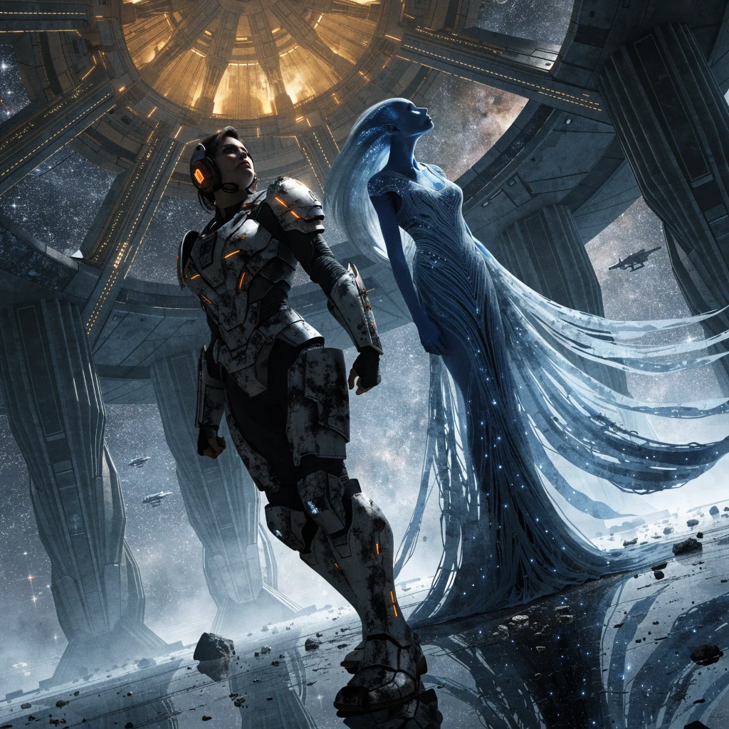 A heroic N7 agent and Liara Asari matriarch stand united in a futuristic Milky Way and Andromeda galaxy council room after the Reaper War.