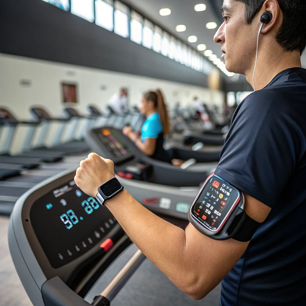 A realistic photo of a person wearing a Pixel Watch 3 and Fitbit Edge while exercising on cardio machines, showcasing wearable sports technology tracking swimming and strength training.