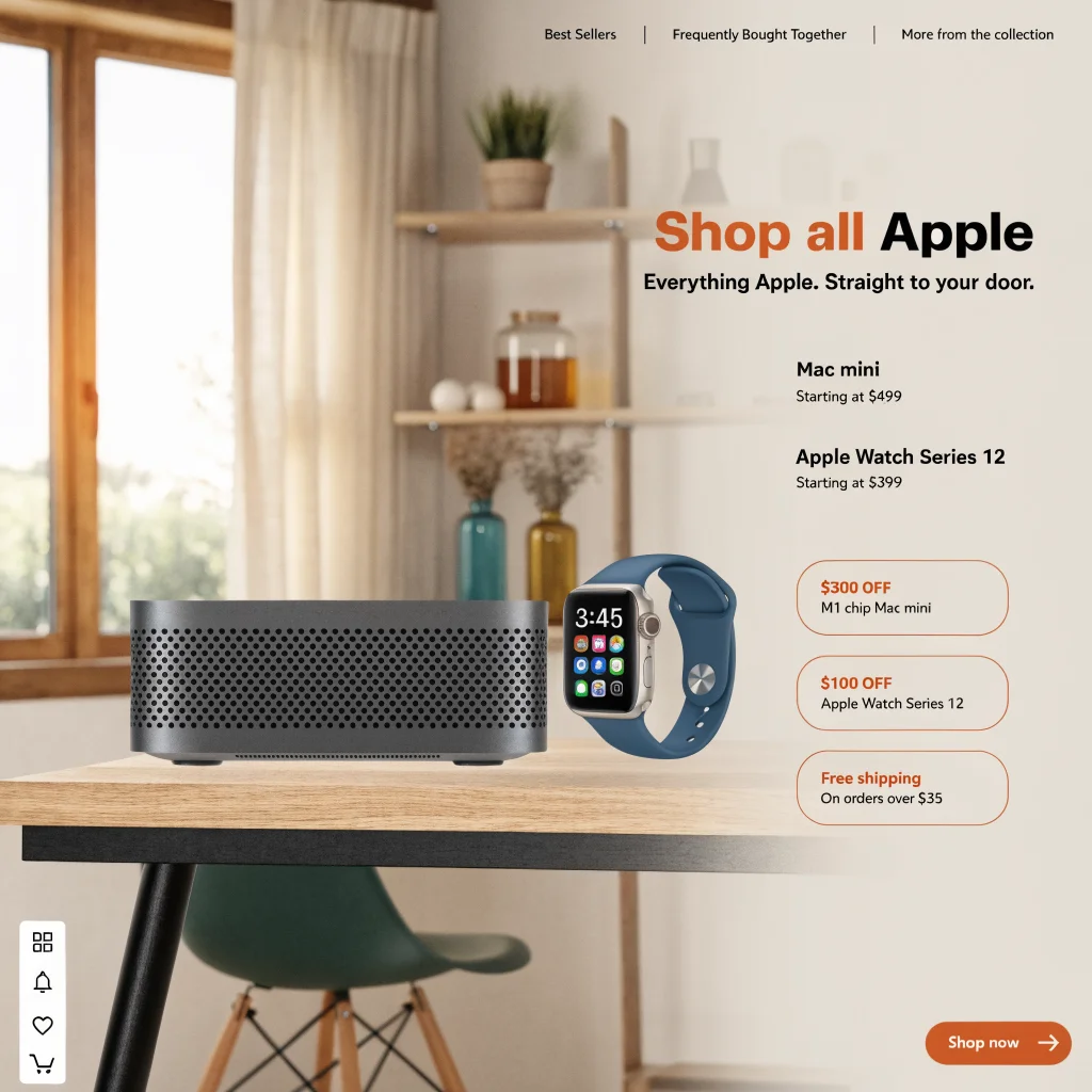 A realistic photo of an Apple Mac mini, Apple Watch Series 12, and promotional discount tags displayed on an Amazon online store page.