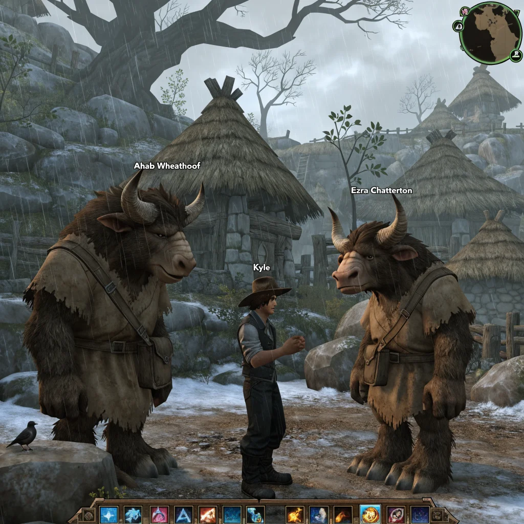 A player named Kyle in World of Warcraft's nostalgic 2004 vanilla Mulgore zone interacts with Tauren NPCs Ahab Wheathoof and Ezra Chatterton during a heartfelt Make-A-Wish quest.