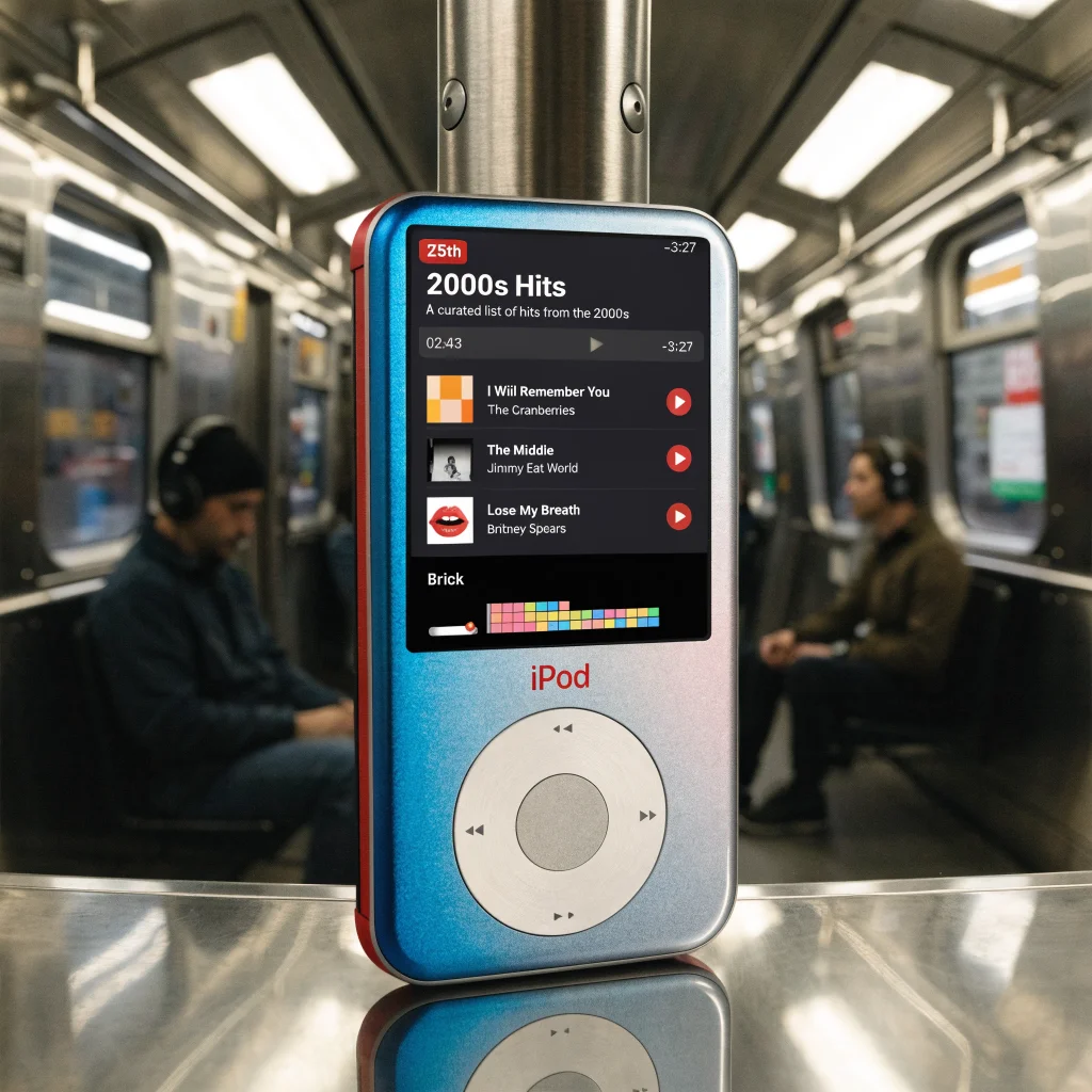 A realistic photo of the 25th anniversary iPod edition showing the Brick game and 2000s music playlist on Apple Music interface.