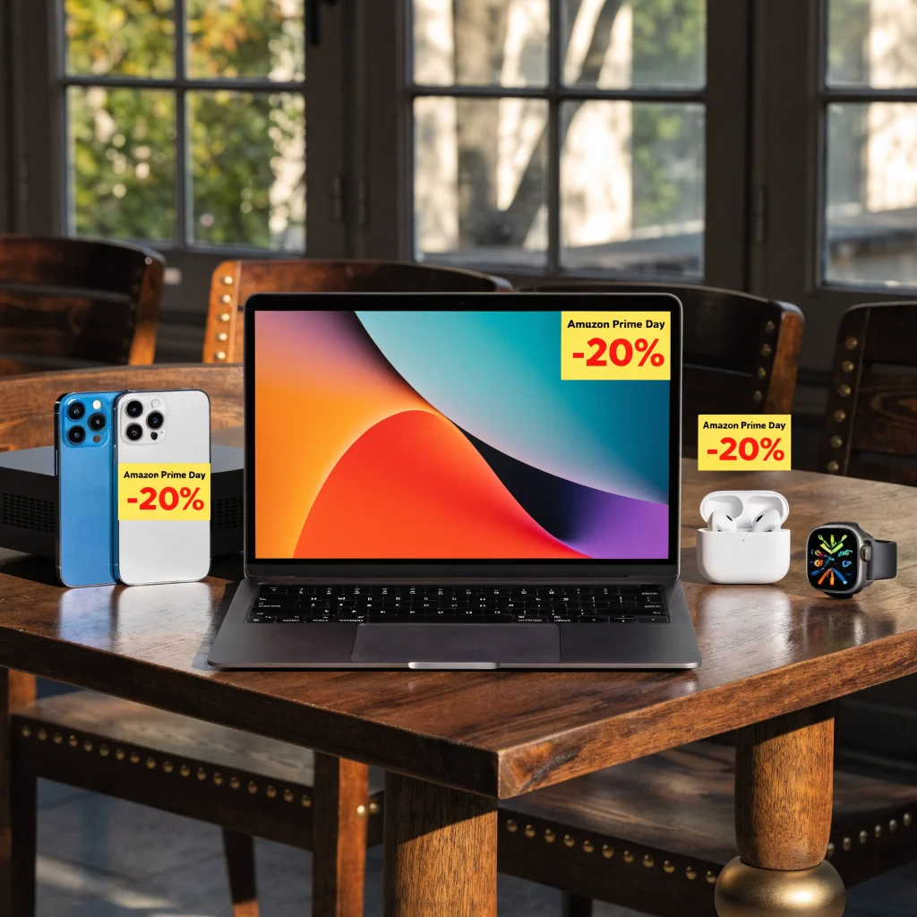 A photo of an Apple M5 MacBook Air surrounded by iPhone Duo, Mac mini, AirPods 5, and Apple Watch Ultra 4 with Amazon Prime Day discount tags.