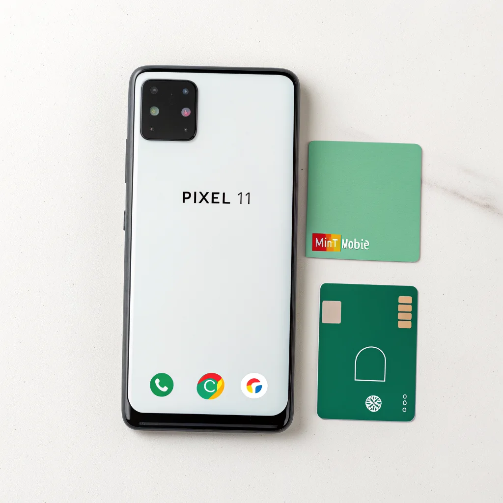 A realistic photo of a Pixel 11 smartphone next to a Mint Mobile SIM card showing unlimited one-year service promotional offer.