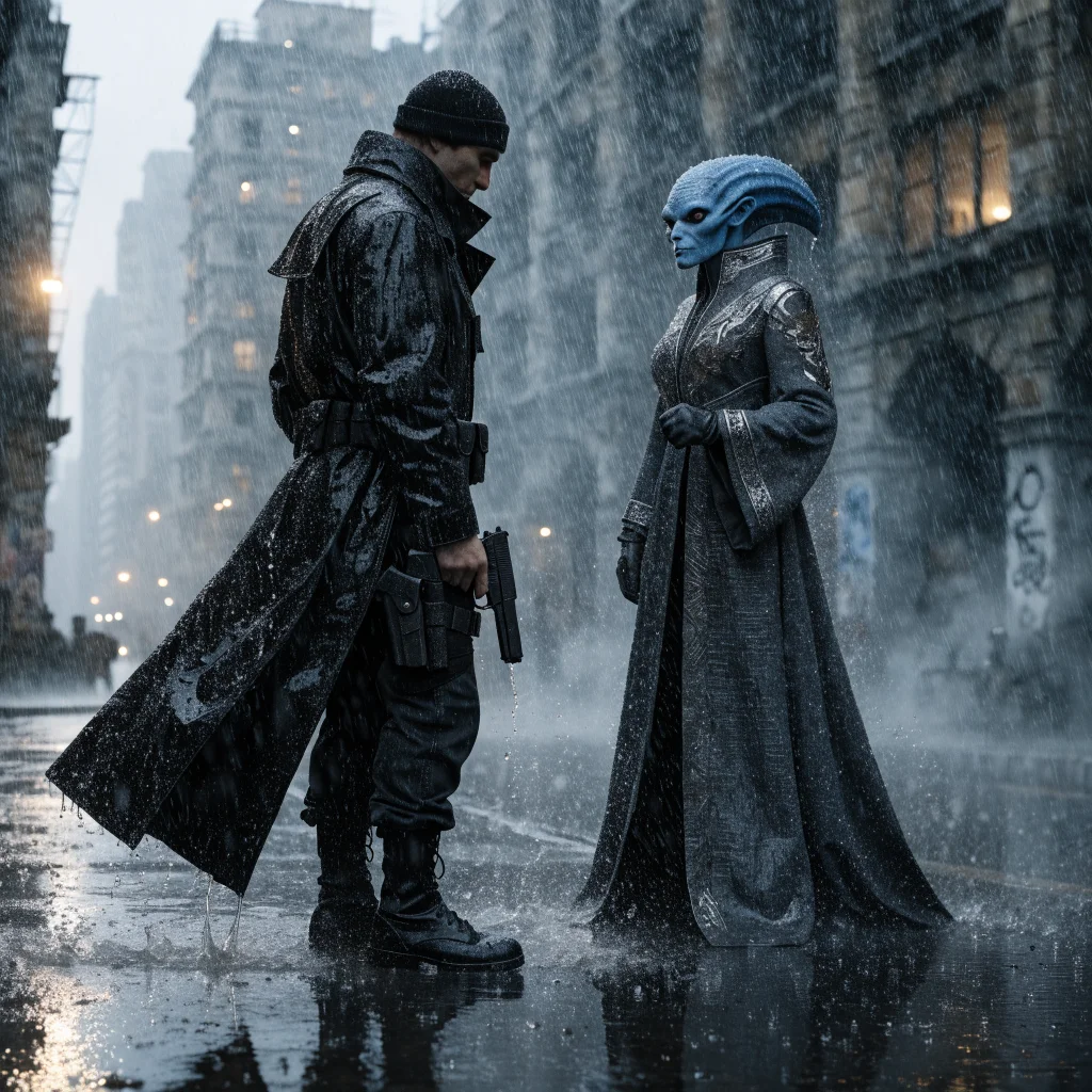 A realistic photo of an N7 agent and Asari Matriarch engaged in sci-fi espionage during a galactic Cold War, showcasing linear missions and stealth gameplay elements.