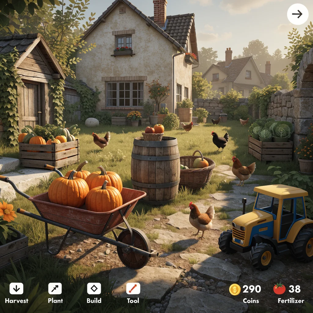 A cozy farm simulation game screenshot featuring warm lighting, casual gameplay elements, and a charming, peaceful rural environment.