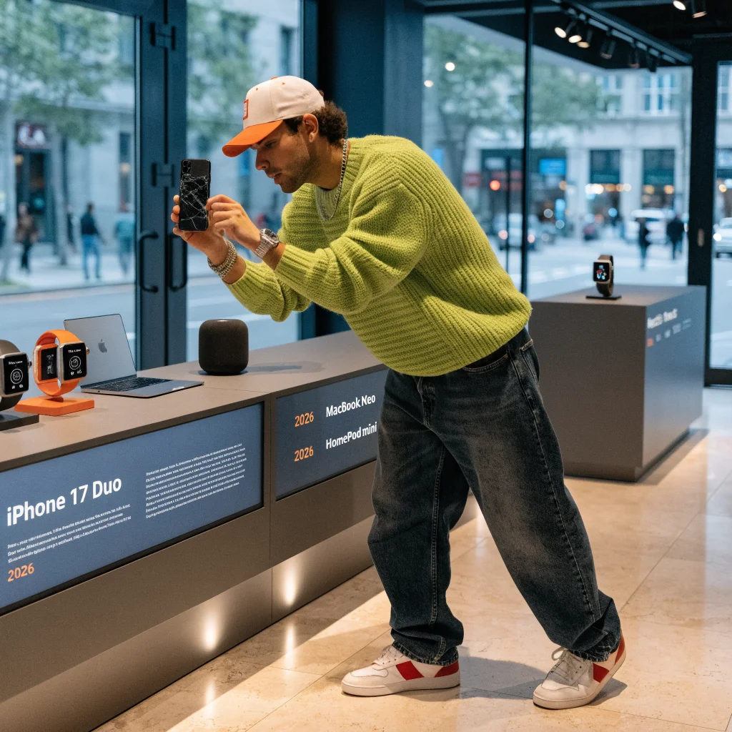 A YouTuber testing an iPhone 17 Duo with a cracked screen in a retail store showcasing Apple Watch Series 12, MacBook Neo, and HomePod mini for 2026.