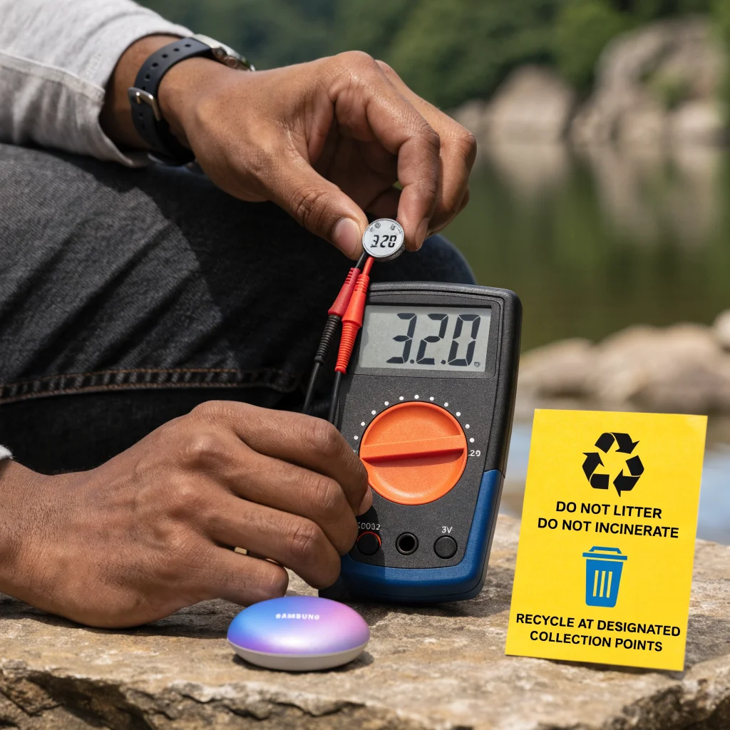 A person testing the voltage of a CR2032 lithium 3V battery with a multimeter next to a Samsung SmartTag2 and battery disposal guidelines.