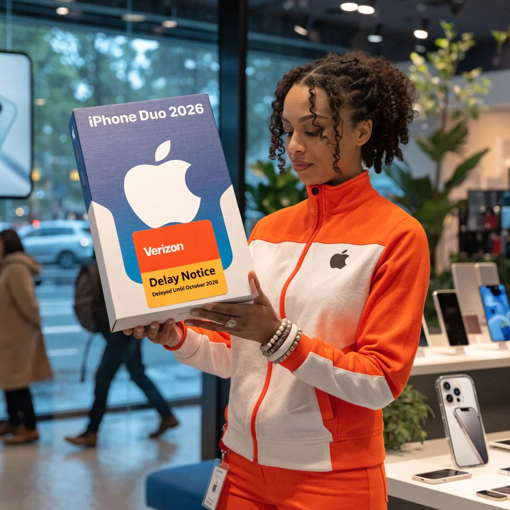 A retail store employee holds an iPhone Duo 2026 box with a Verizon gift card, showcasing delayed delivery notices for Apple product preorders in October 2026.