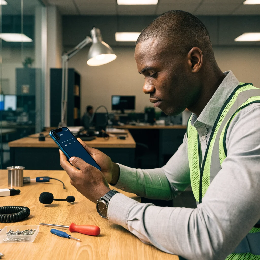 A technical support technician troubleshooting call issues on an iPhone 18 Pro Max with AT&T service in a modern repair center.