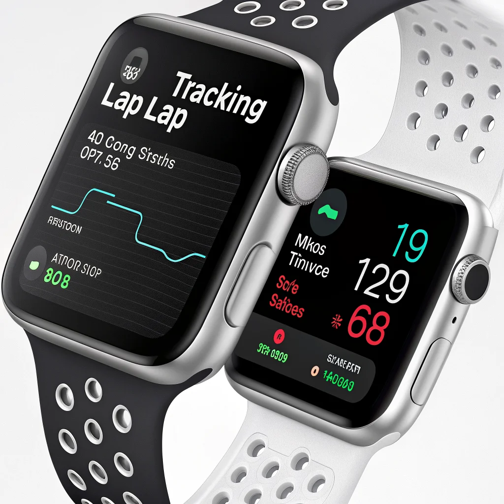 A close-up photo of Fitbit Air and Apple Watch side by side, displaying lap tracking, battery status, GPS, and music control features during running and workouts.