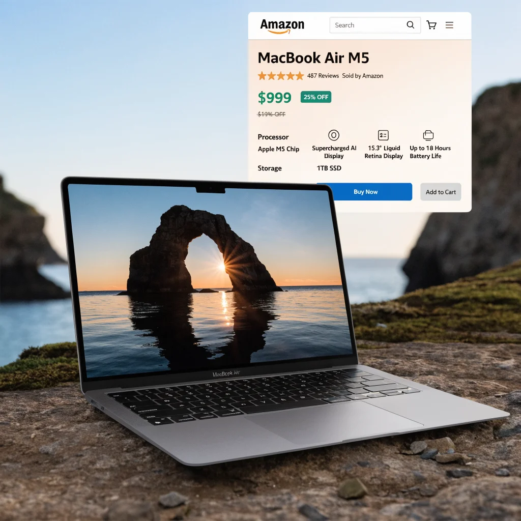 A sleek MacBook Air M5 with 1TB storage displayed on an Amazon product page showing a discounted price.