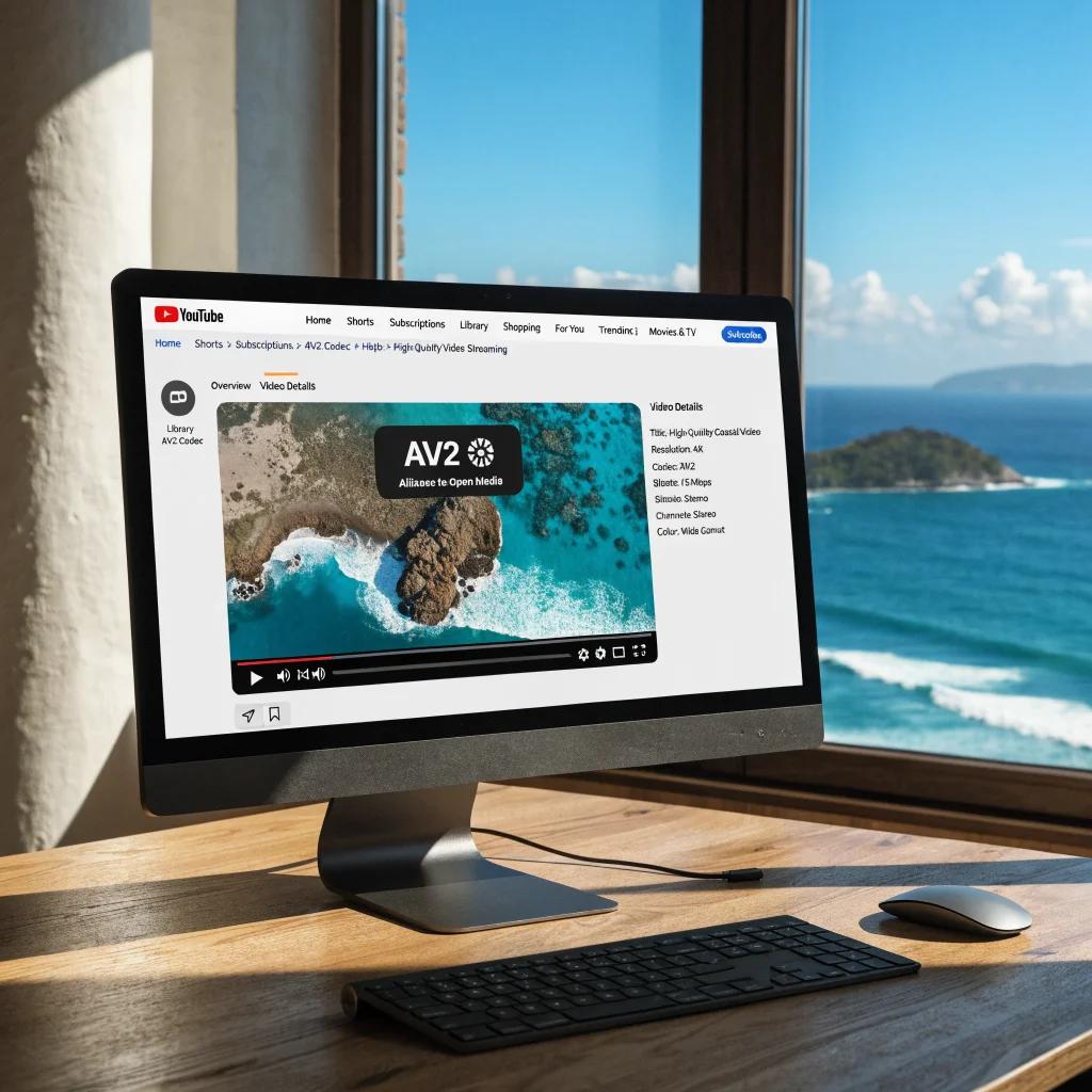 A realistic photo of a computer screen displaying YouTube's 2027 web interface streaming high-quality video using the AV2 codec with Alliance for Open Media logos.