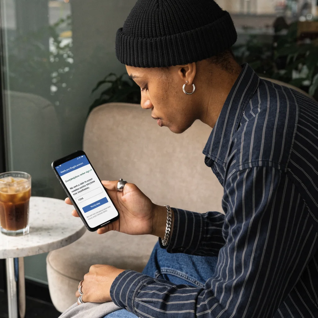 A realistic photo of a person using an Android phone to verify their Google account via encrypted phone number sign-in, focusing on privacy and data management.