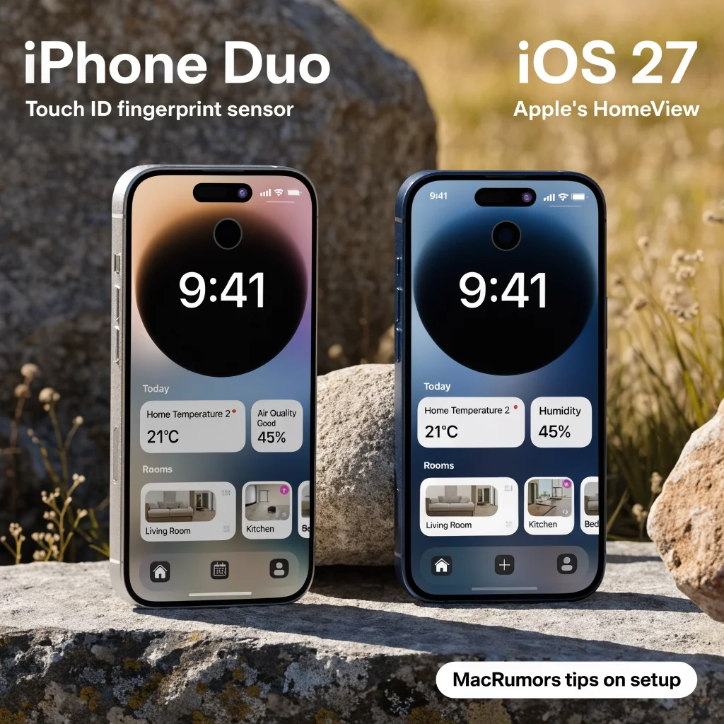 A realistic photo of an iPhone Duo with Touch ID fingerprint sensor and iOS 27 interface, highlighting Apple’s HomeView and MacRumors tips on setup.
