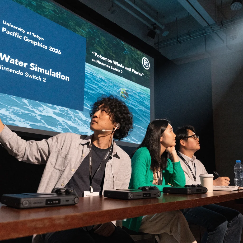 Researchers from the University of Tokyo demonstrate realistic water simulation technology for "Pokemon Winds and Waves" on Switch 2 at Pacific Graphics 2026.