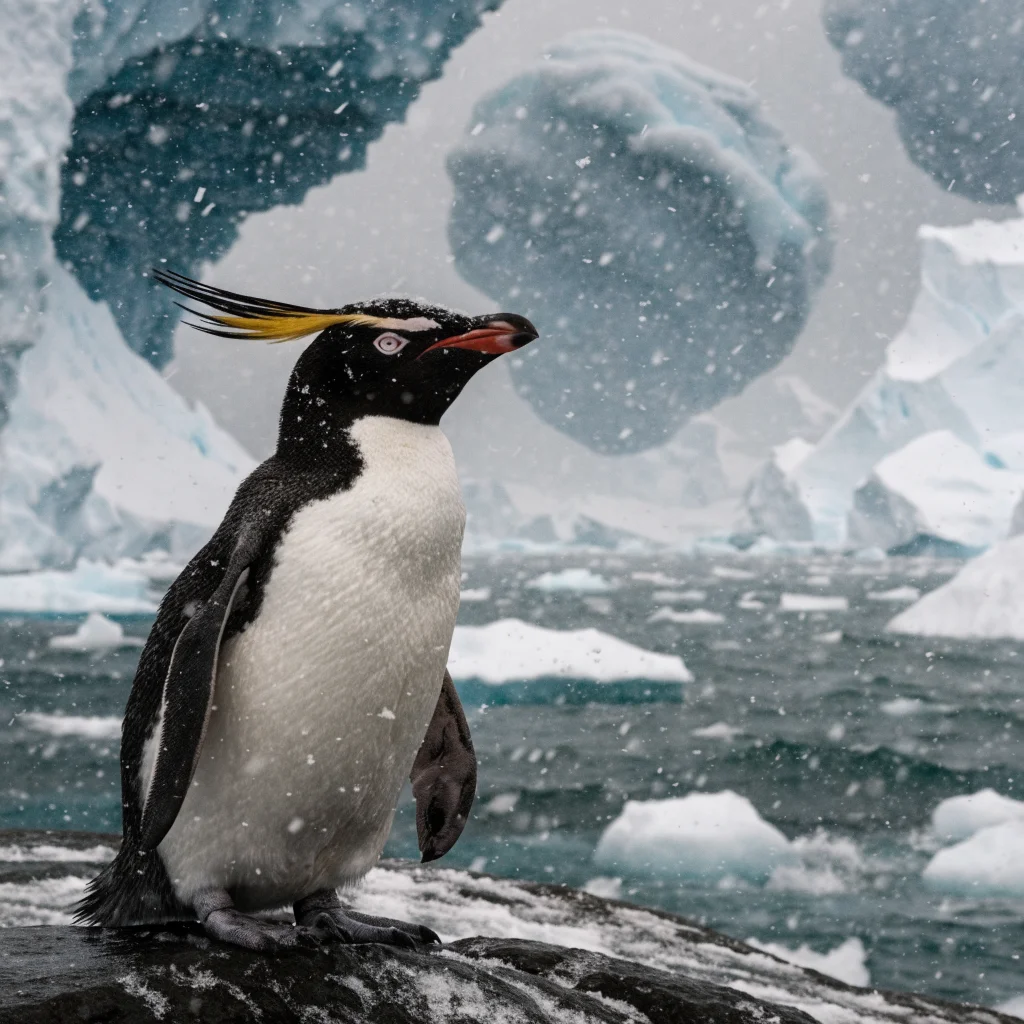 A realistic close-up photo of a Rockhopper penguin in a snowy landscape with eerie cosmic horror atmosphere inspired by Lovecraftian themes.