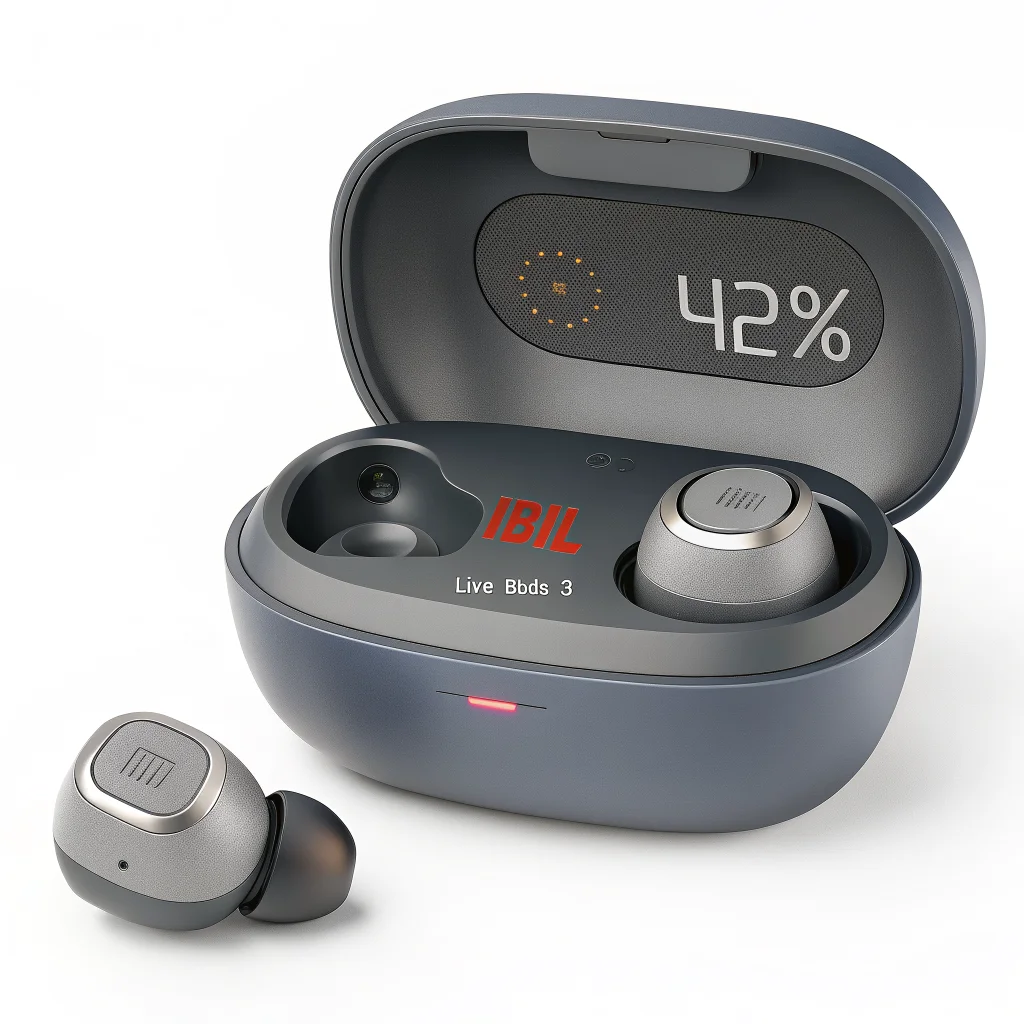 A realistic photo of JBL Live Buds 3 earbuds with a 1.45-inch display charging case, showcasing adaptive noise cancellation and a 42% discount label.