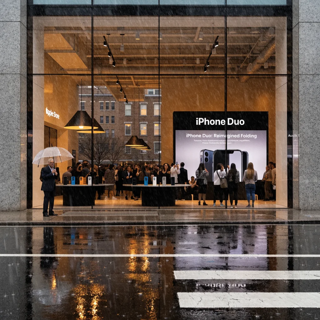 A realistic photo of an Apple Store in Austin showcasing the new iPhone Duo foldable smartphone launch event with Apple CEO John Ternus present.