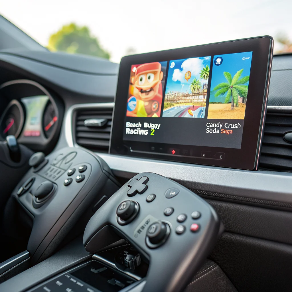 A close-up photo of a car infotainment screen displaying Android Auto with popular games like Beach Buggy Racing 2, Candy Crush Soda Saga, and wireless Bluetooth controllers nearby.