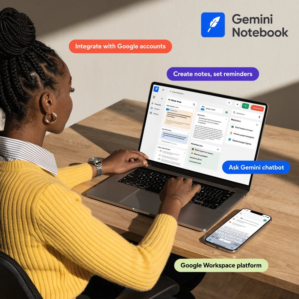 A user managing notes and reminders in the Gemini Notebook app integrated with Google accounts and chatbots on a Workspace platform.