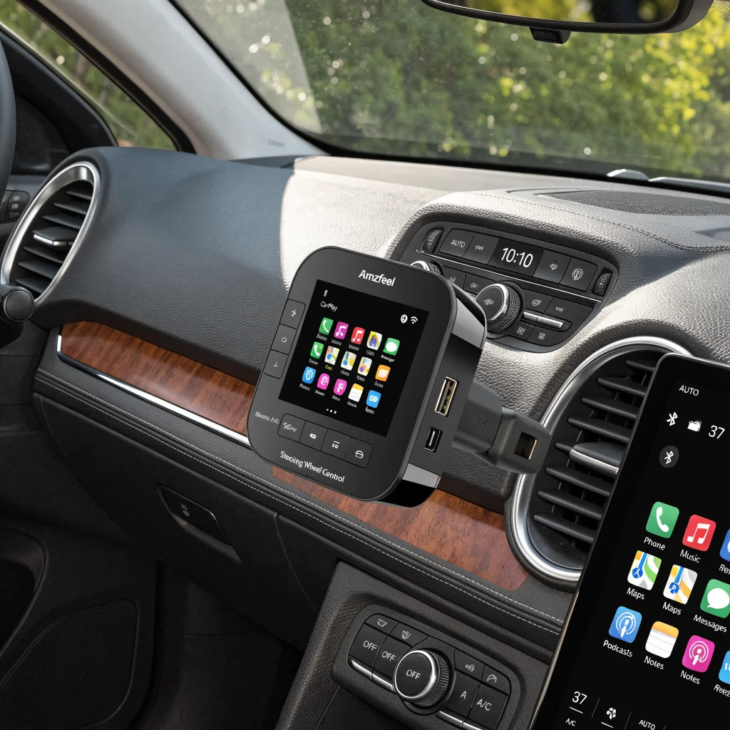 A realistic photo of an Amzfeel wireless CarPlay adapter plugged into a car dashboard, showing Bluetooth 5.0 and 5GHz Wi-Fi connectivity with steering wheel controls.