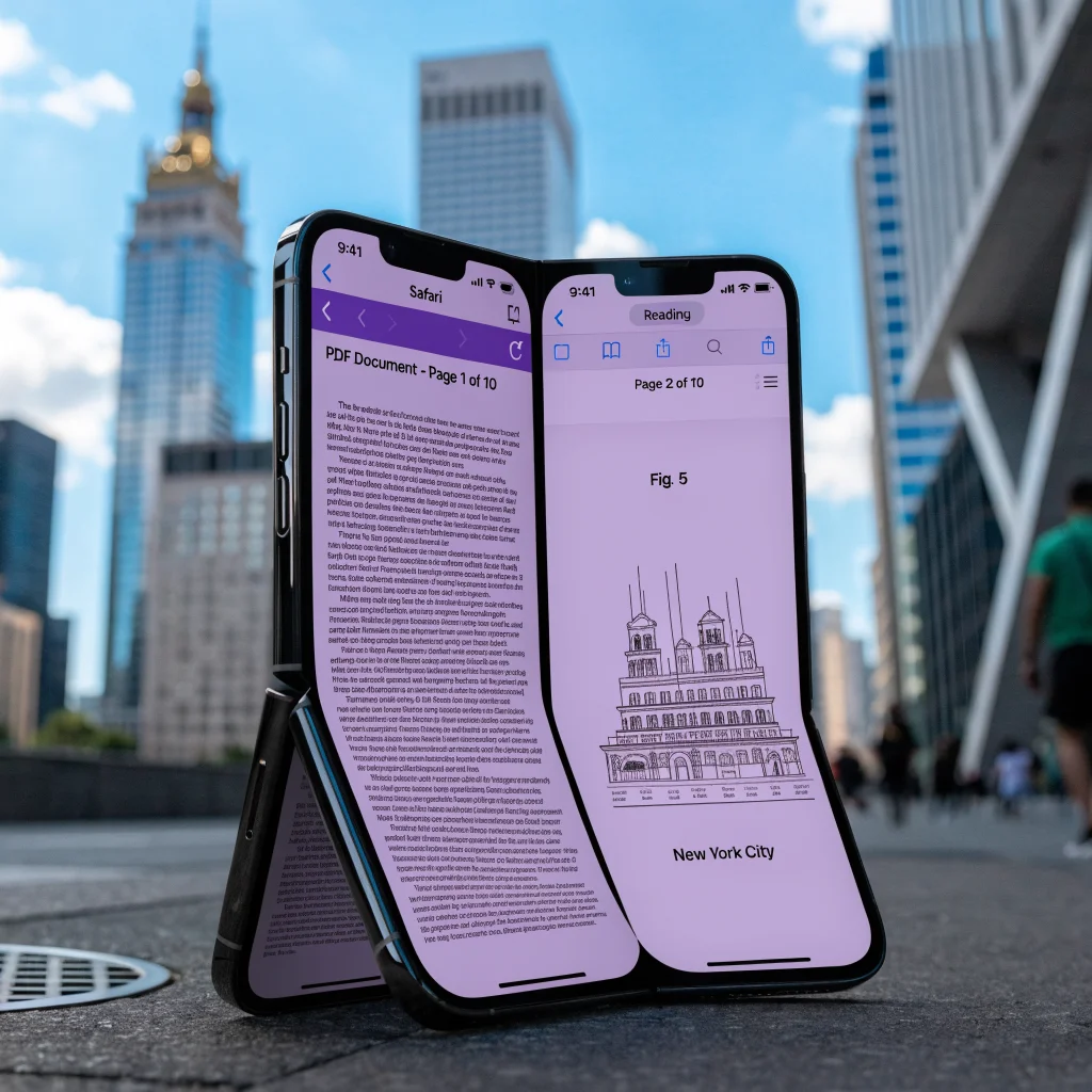 A realistic photo of an iPhone Duo displaying a dual-page PDF view in Safari with an adaptive iOS 27 interface showcasing foldable screen support.
