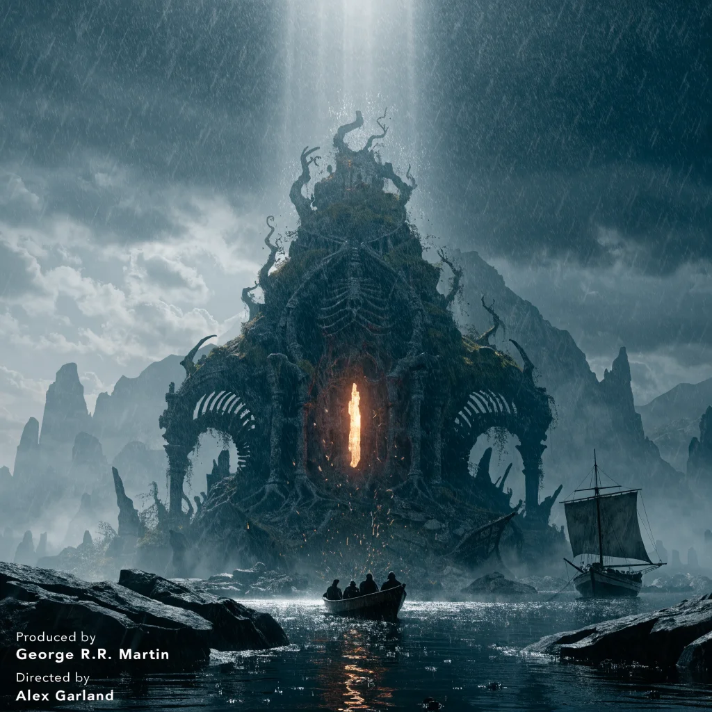 A cinematic still showing a high-budget Elden Ring fantasy RPG movie set, produced by George R.R. Martin and directed by Alex Garland, with epic visuals and dramatic lighting.