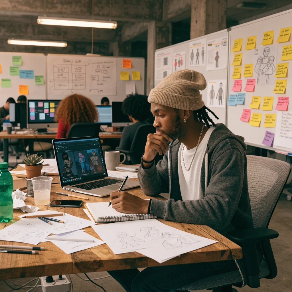 Realistic photo of a game developer brainstorming characters and storylines for CRPGs like Baldur's Gate and Mass Effect at a modern studio workspace.