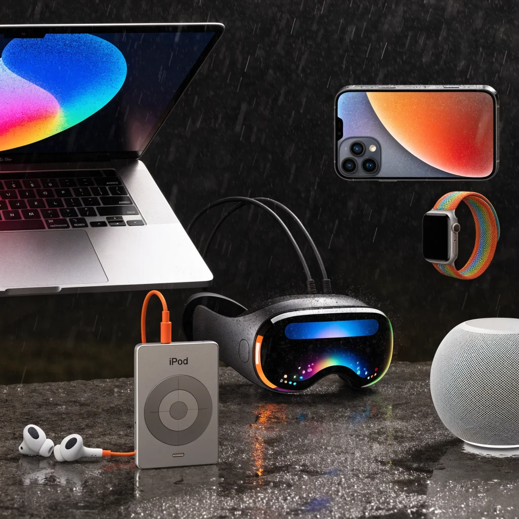 A realistic photo of classic iPod and Apple Vision Pro displayed side by side among Apple devices like MacBook Pro, iPhone 17, Apple Watch Series 12, AirPods Pro, and HomePod mini.