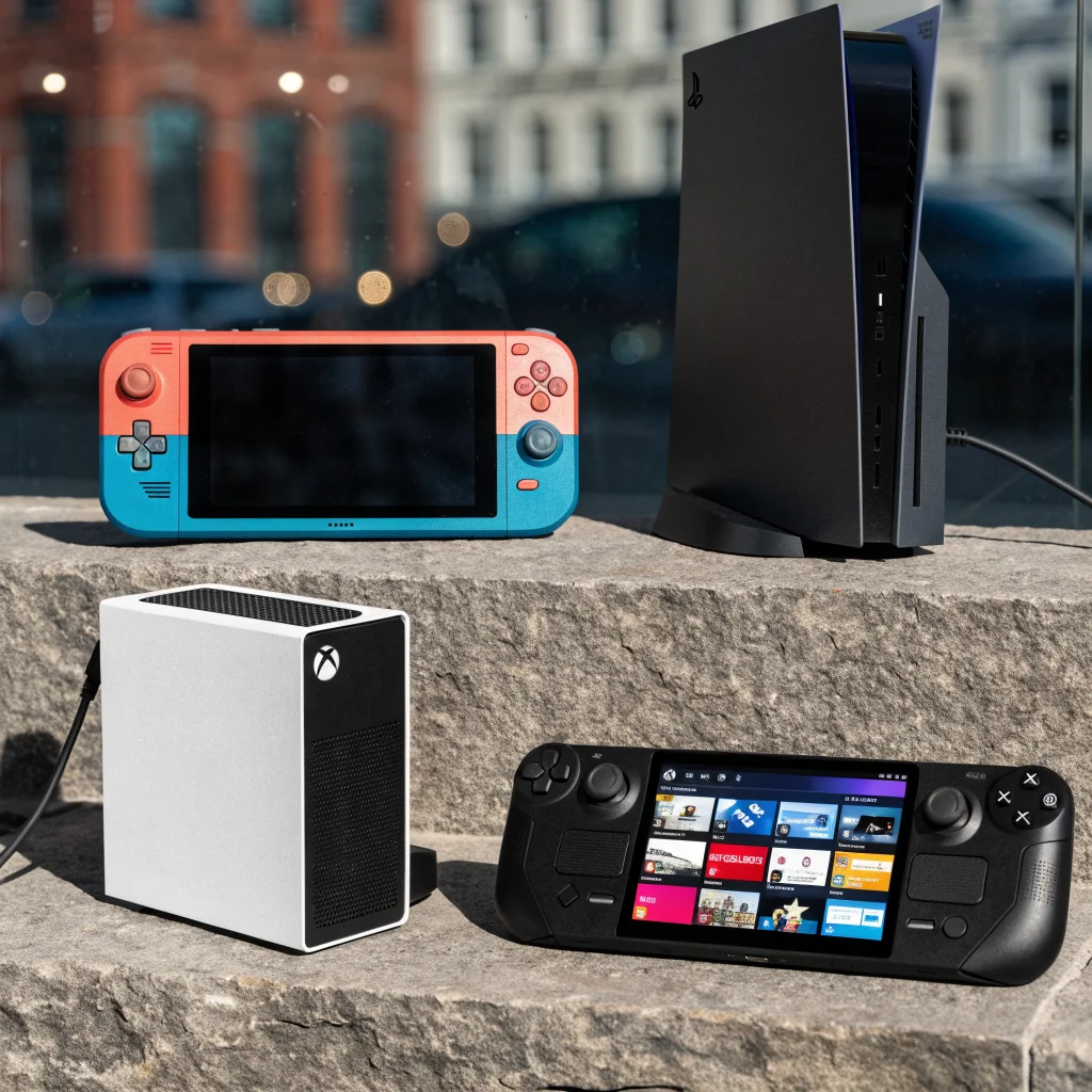 A side-by-side comparison photo of the Nintendo Switch Lite, PlayStation 5 Digital Edition, Xbox Series S, and Steam Deck OLED showcasing affordable gaming consoles of 2026.