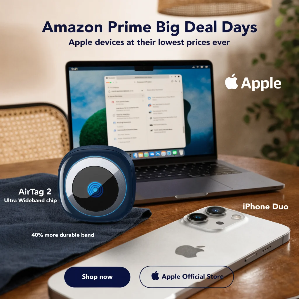 A close-up photo of the new AirTag 2 with Ultra Wideband chip displayed next to an iPhone Duo and MacBook Pro M5 Max during an Amazon Prime Big Deal Days sale.