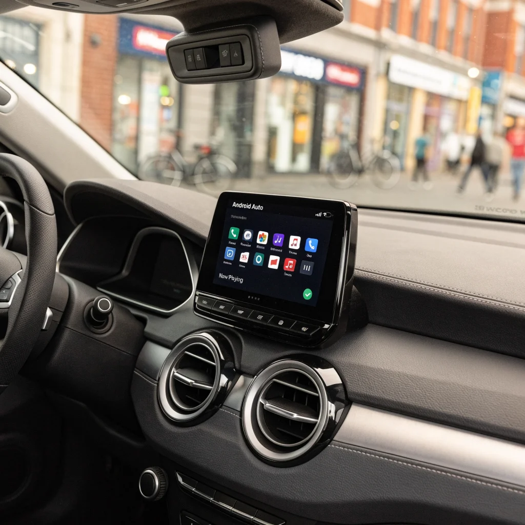 A close-up photo of a car dashboard displaying the Android Auto interface with clear mobile signal strength bars after a smartphone update.