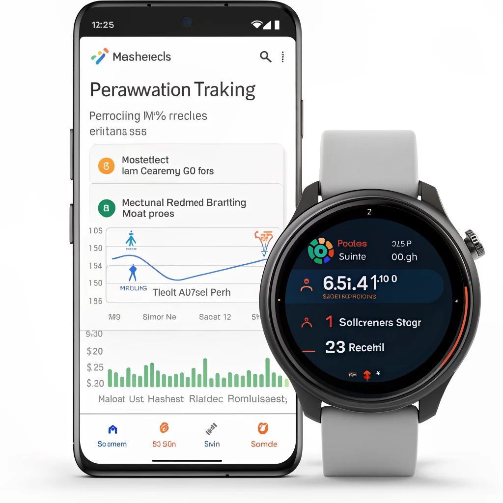 A realistic photo of a Pixel Watch 5 displaying personalized marathon training plans and recovery analysis powered by Google Health Coach with fitness and sleep tracking features.
