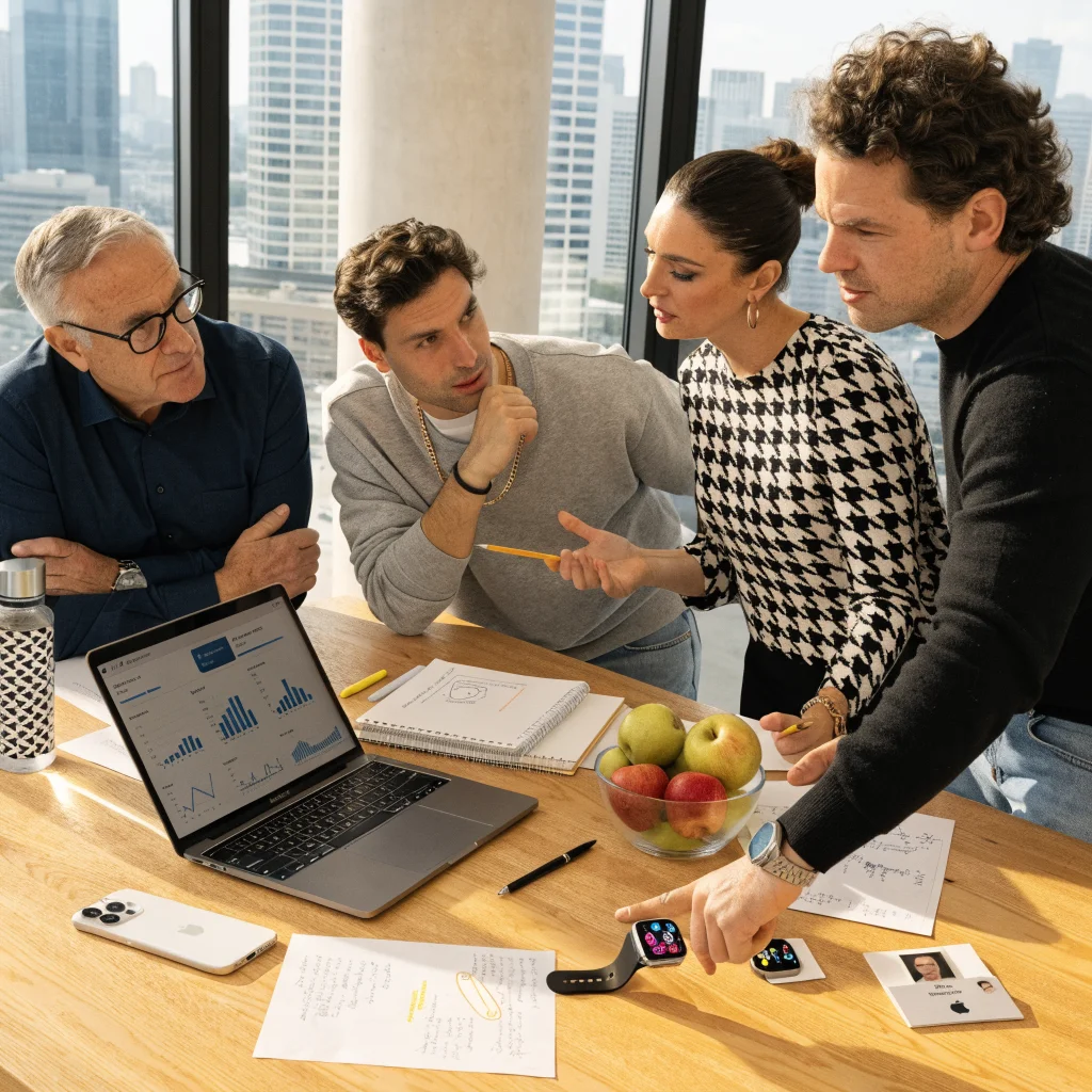 A professional office scene showing Apple executives discussing leadership changes amid new product releases like MacBook Neo, iPhone 17, and Apple Watch Series 12.