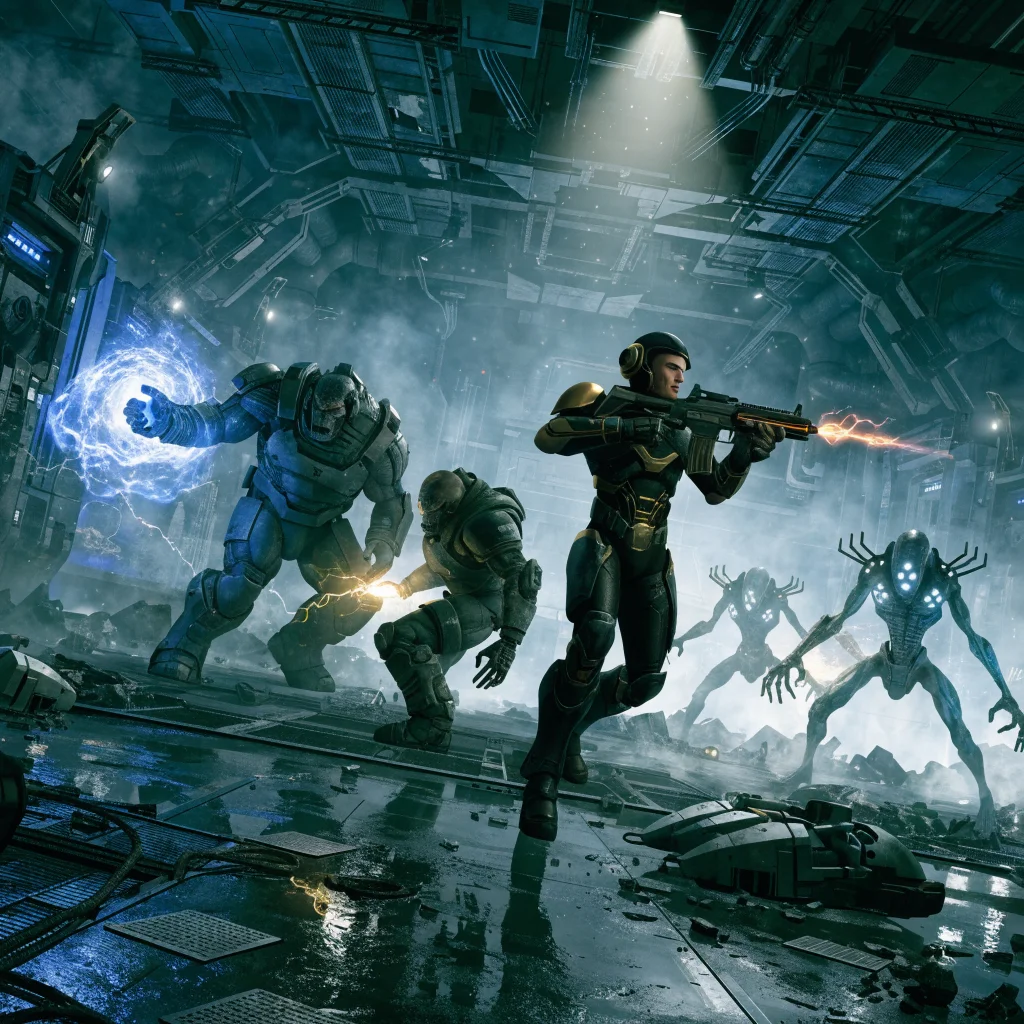 Commander Shepard aboard Normandy SR-1 leads a diverse team including Krogan and Vorcha, using biotic and tech powers to confront the Collectors in a Cerberus lab.