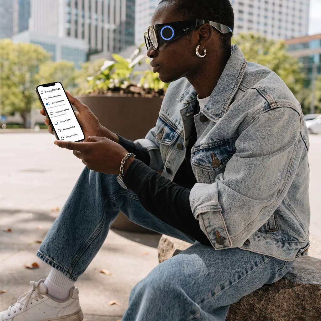A person adjusting privacy settings on Ray-Ban Meta smart glasses with AI features to control voice activation and cloud data storage.