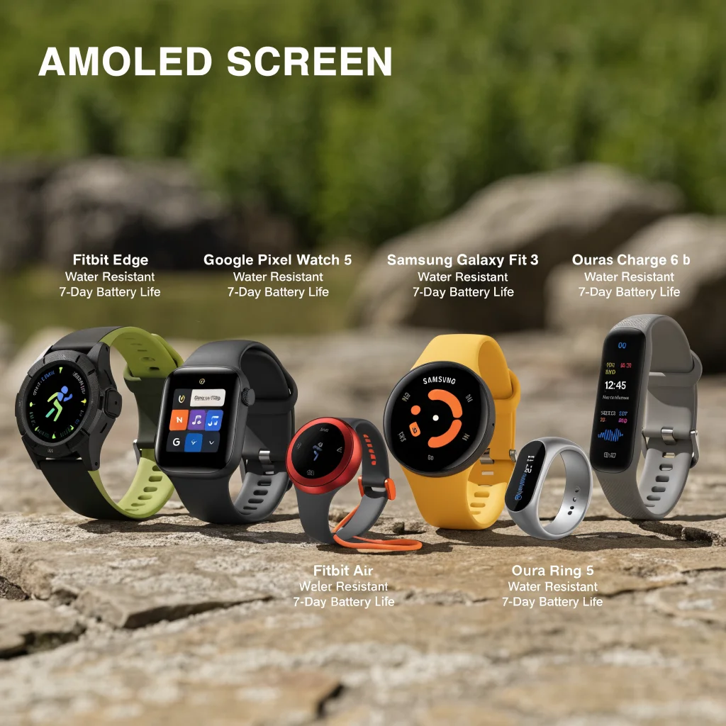 A lineup of fitness trackers with AMOLED screens and 7-day battery life, including Fitbit Edge, Google Pixel Watch 5, Fitbit Air, Samsung Galaxy Fit 3, Oura Ring 5, and Fitbit Charge 6.