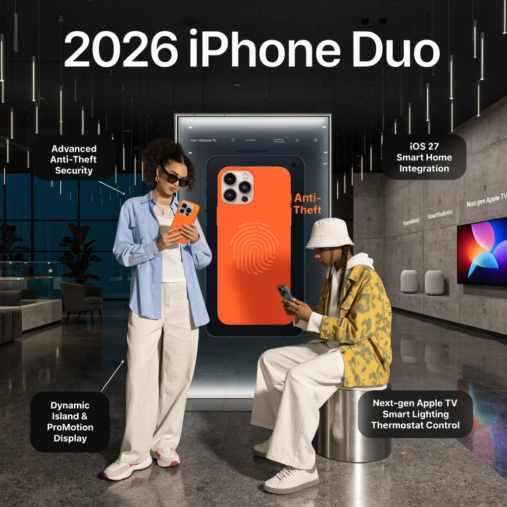 A sleek Apple Store showcasing the new 2026 iPhone Duo with advanced anti-theft security and iOS 27 smart home integration including HomePod mini and next-gen Apple TV.