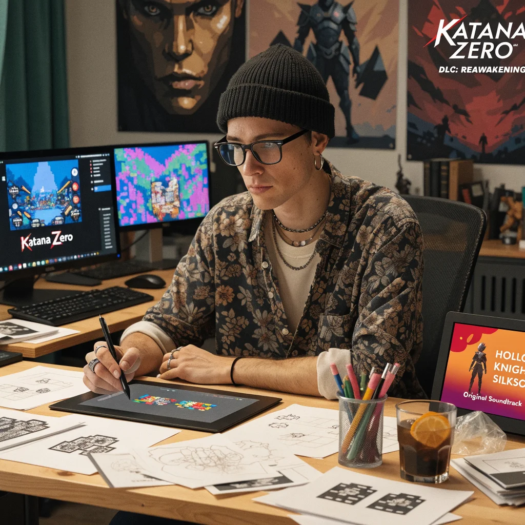 A realistic photo of a video game developer showcasing pixel art from the Katana Zero DLC and sequel alongside Hollow Knight Silksong soundtrack details.
