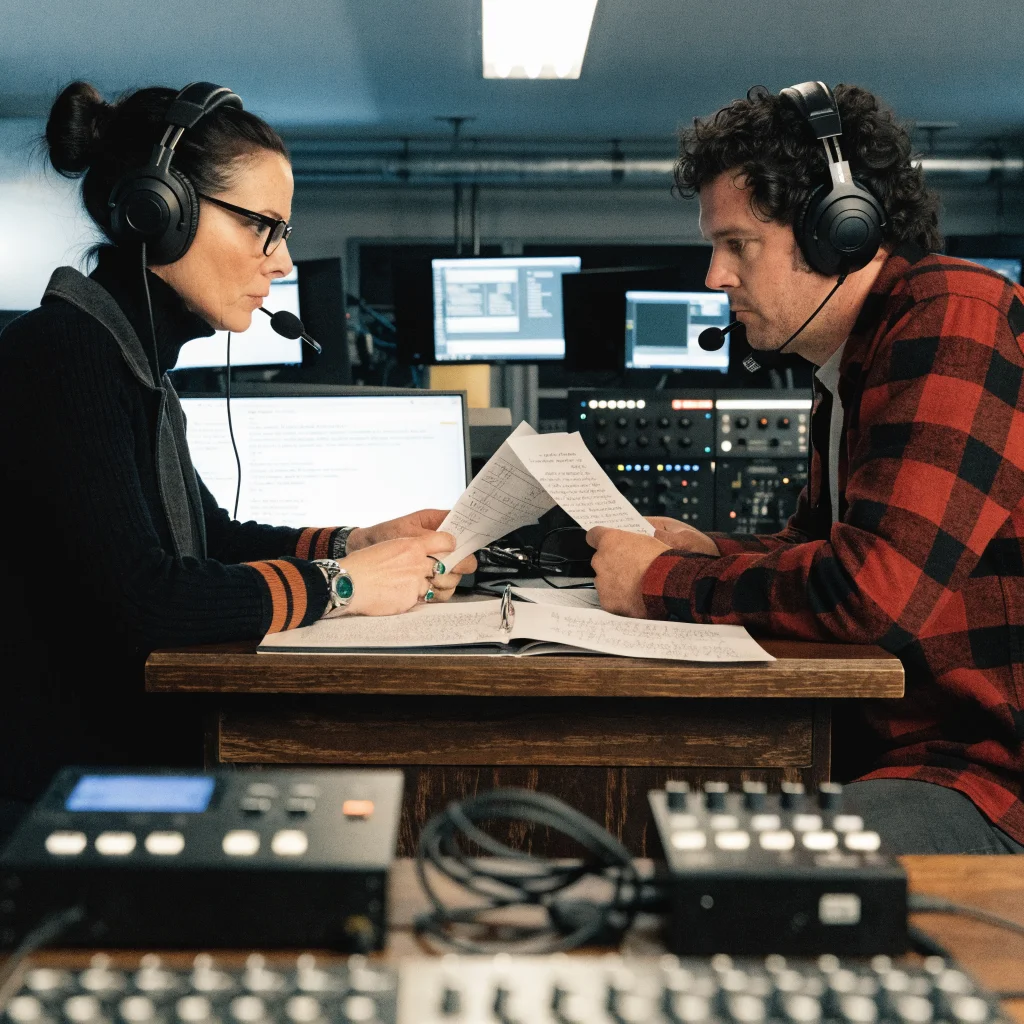 Jennifer Hale and Mark Meer as Commander Shepard recording voiceovers for BioWare’s Mass Effect RPG in a professional gaming studio.