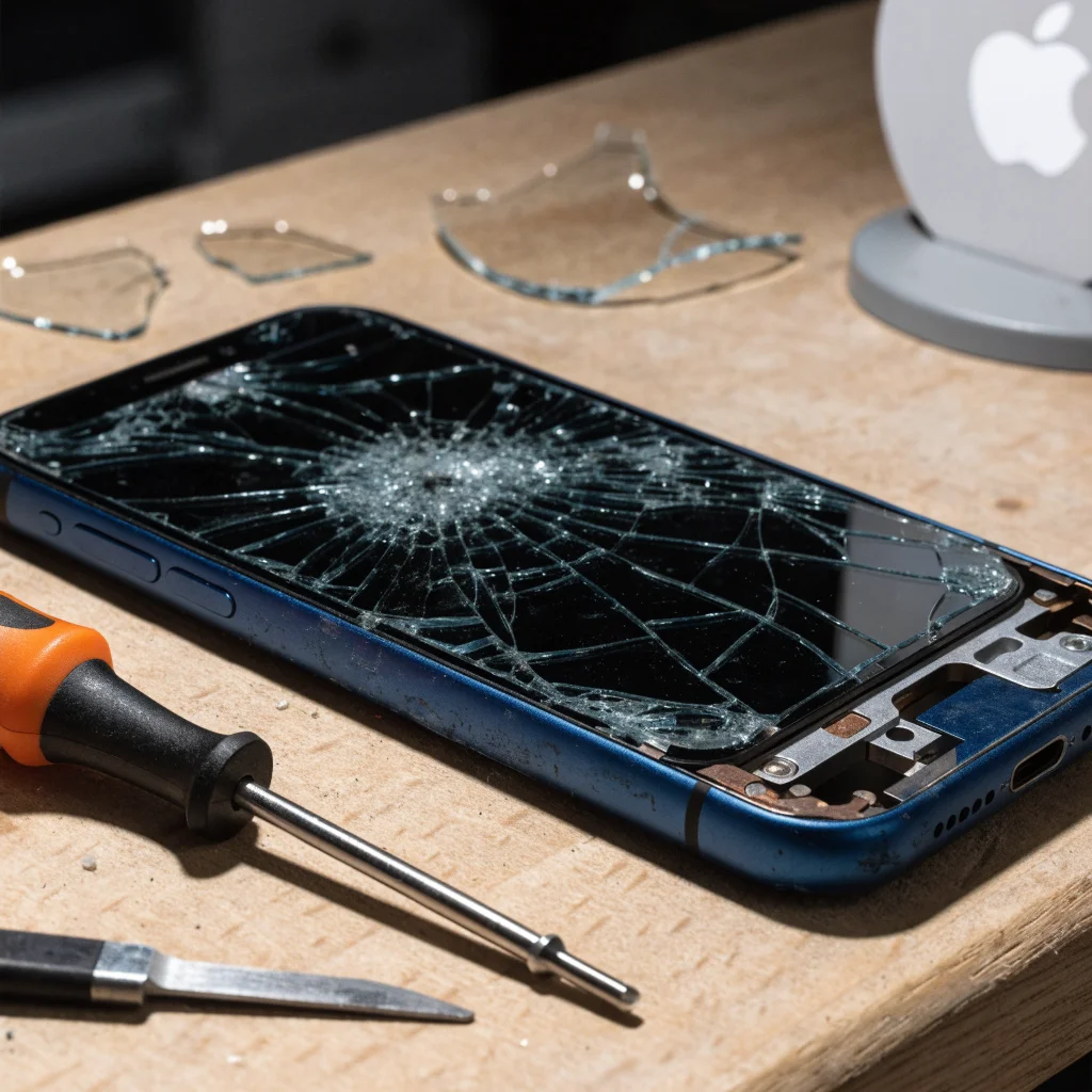 Close-up photo of a broken hinge and cracked screen on an iPhone Duo with repair tools and an Apple logo background.