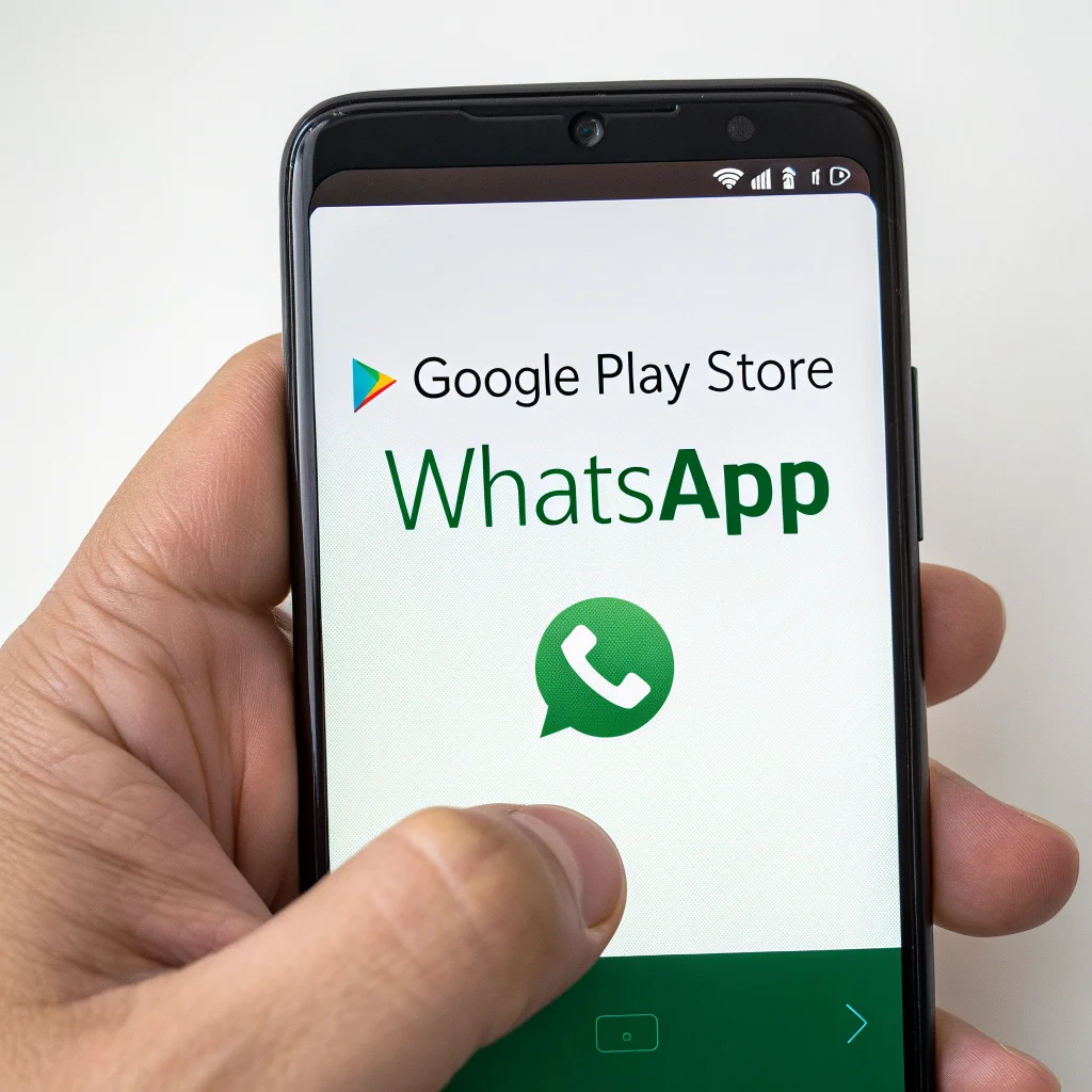A smartphone displaying the Google Play Store warning about a fake WhatsApp app, highlighting Play Protect security features.