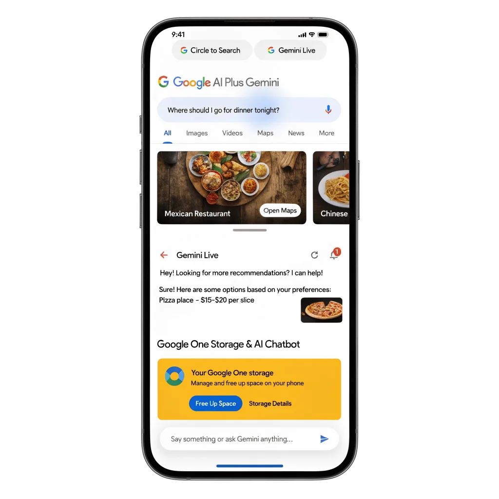 A sleek Android smartphone displaying the Google AI Plus Gemini interface with Circle to Search and Gemini Live features, alongside Google One storage and AI chatbot.