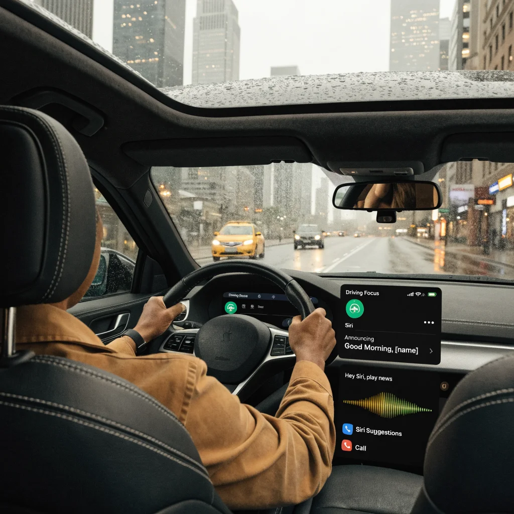 A driver using a car dashboard with CarPlay displaying notifications, Driving Focus mode, multitasking features, and Siri message announcements in a modern vehicle.