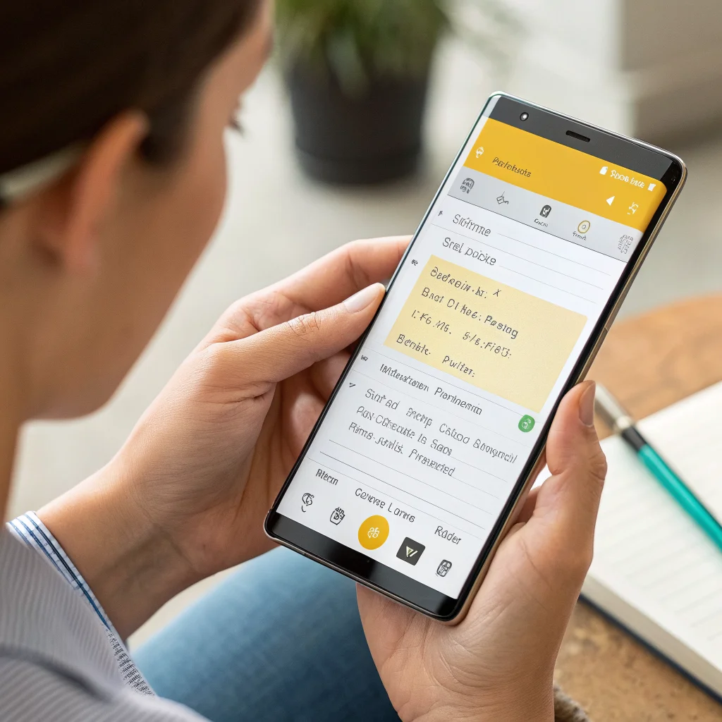 A person using Google Keep on an Android phone, capturing handwritten notes through image recognition and voice transcription for organized digital note-taking.