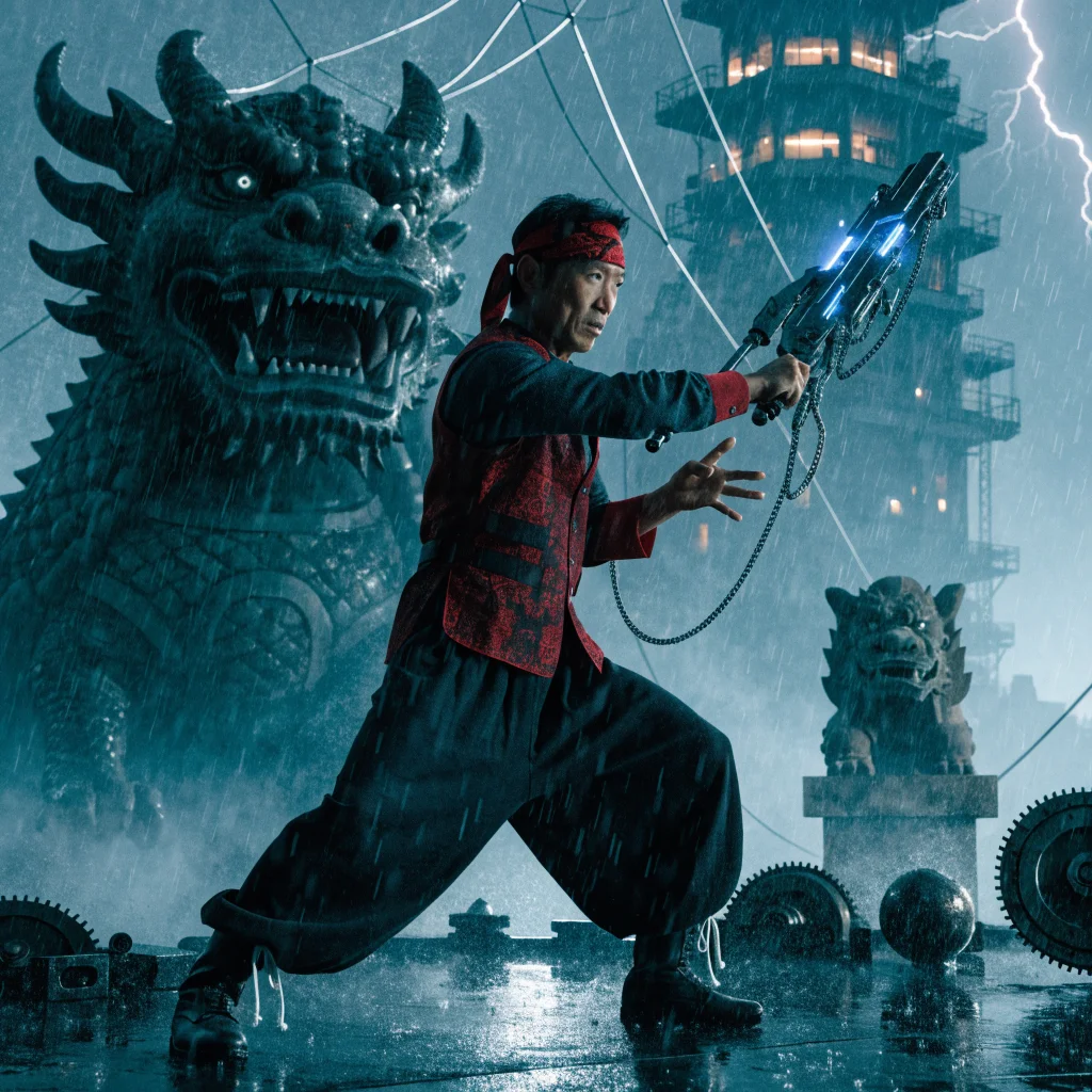 A cinematic photo of Donnie Yen in kungfupunk attire performing martial arts with upgraded weapons and mythical Chinese elements in a high-tech combat setting.