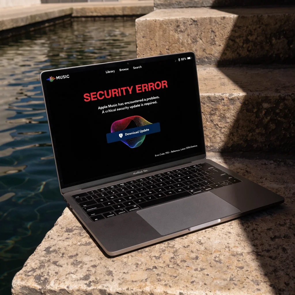 A close-up of an Apple Music logo on a MacBook Neo screen displaying a security error message related to the latest 2026 Apple devices.