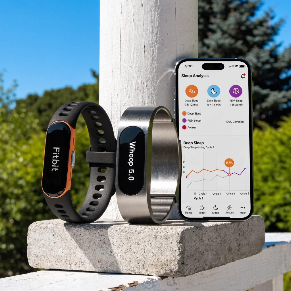 A realistic photo of Fitbit Air and Whoop 5.0 wireless fitness trackers side by side, displaying sleep tracking data on a smartphone app screen.