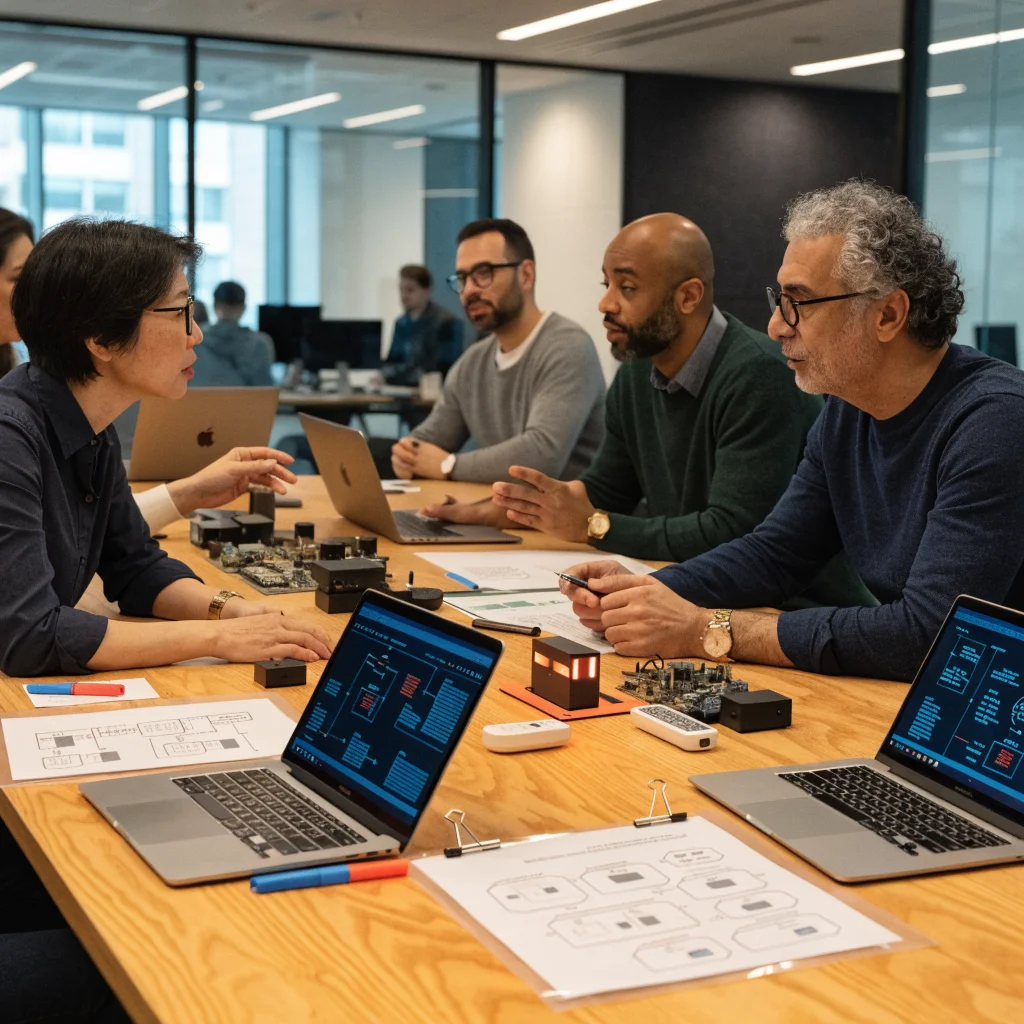 A realistic photo of Apple executives and engineers, including Wei Chen and Johny Srouji, collaborating on advanced Apple display technologies in a modern office.