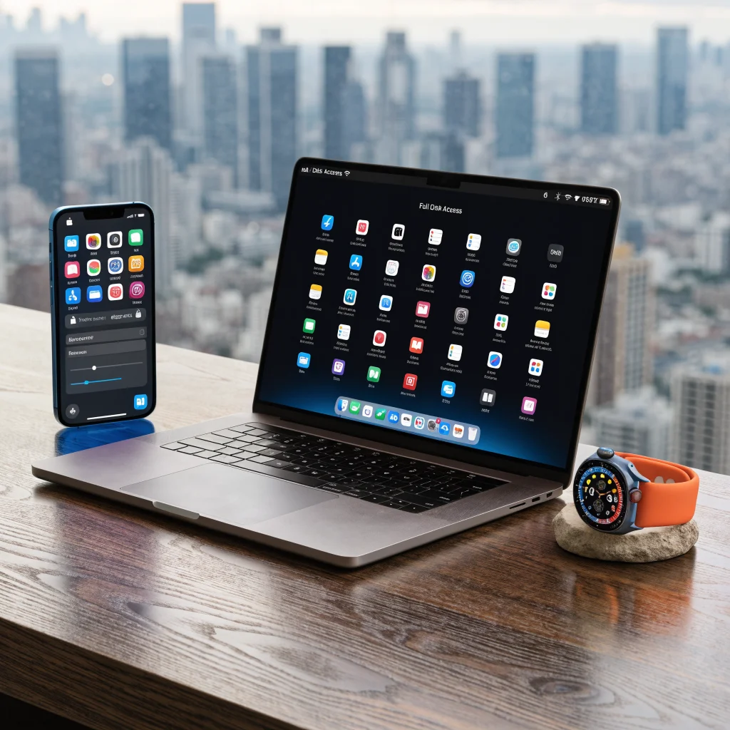 A realistic photo of a MacBook Neo displaying macOS with Full Disk Access settings, alongside an iPhone 18 Pro showing iOS 27 privacy features and an Apple Watch Ultra 4.